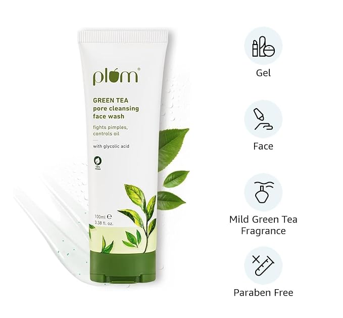 Plum Green Tea Pore Cleansing Face Wash for Oily, Acne Prone, Dry & Combination Skin | with Glycolic Acid | Fight Pimples & Control Excess Oil | Gentle Exfoliating & Non-Drying | Women & Men | 100ml