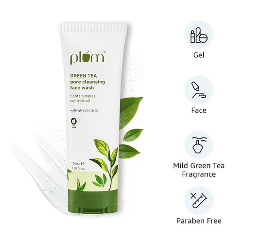 Plum Green Tea Pore Cleansing Face Wash for Oily, Acne Prone, Dry & Combination Skin | with Glycolic Acid | Fight Pimples & Control Excess Oil | Gentle Exfoliating & Non-Drying | Women & Men | 100ml