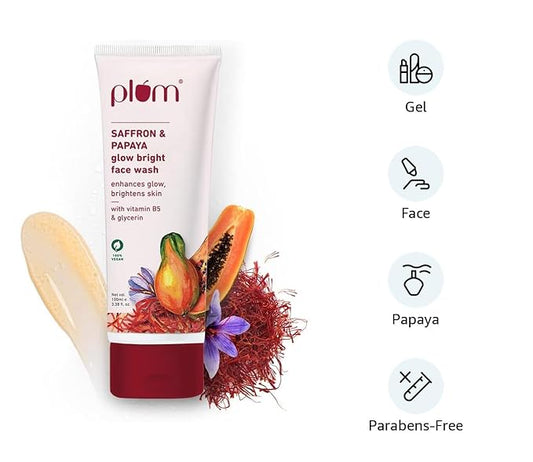 Plum Saffron & Papaya Glow & Brightening Face Wash with Vitamin B5 | Boosts Glow & Brightens Skin | Non-Drying | All Skin Types | Bright Gel Face Wash for Women & Men | for All Skin Types | 100ml