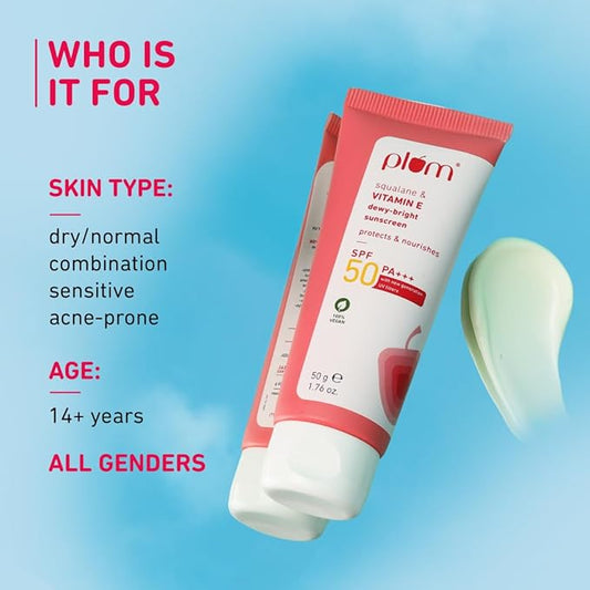 Plum Squalane&Vitamin E Dewy-Bright Sunscreen Spf 50 Pa+++|No White Cast,Lightweight,Non-Sticky|All Skin Types|Sunscreen For Women&Men|100% Vegan|50 G