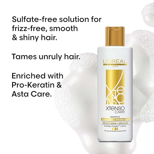 L'Oréal Professionnel Xtenso Care gold Sulfate-Free Shampoo for Frizz-Free, Shiny & Manageable Hair 250ml | With Pro Keratin & Asta Care | For Men & Women | Unruly, Unmanageable Hair.