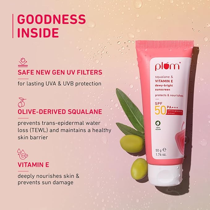Plum Squalane&Vitamin E Dewy-Bright Sunscreen Spf 50 Pa+++|No White Cast,Lightweight,Non-Sticky|All Skin Types|Sunscreen For Women&Men|100% Vegan|50 G