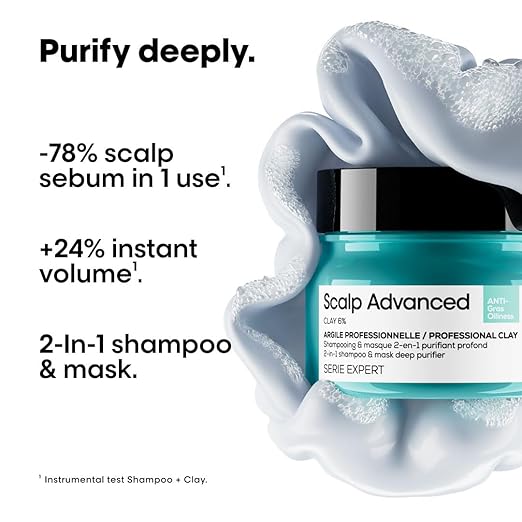 L’Oréal Professionnel Scalp Advanced Anti-Oiliness 2-In-1 Deep Purifier Clay 250gms| For Very Oily Scalps | Purifies the Scalp Deeply with 3% AHA & 6% Clay | For Men & Women