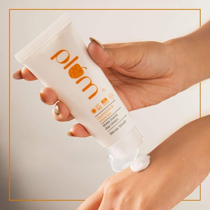 Plum Chamomile & White Tea Sheer Matte Day Cream SPF50 PA+++ | Lightweight Moisturizer | Broad Spectrum UVA/UVB Protection | For Normal to Combination Skin | 100% Vegan & Cruelty-Free | 60ml