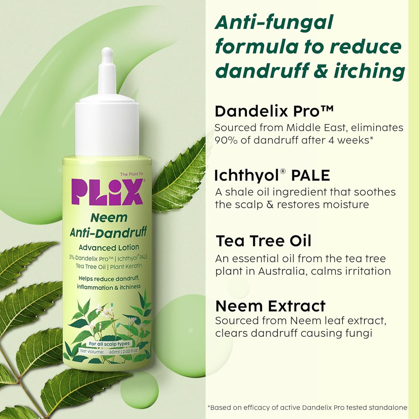 The Plant Fix Plix Neem Anti-Dandruff Advanced Lotion | Reduce Dandruff, Itching & Irritation | With Dandelix Pro & Ichthyol PALE | Paraben & Sulphate Free | Unisex (60ml)