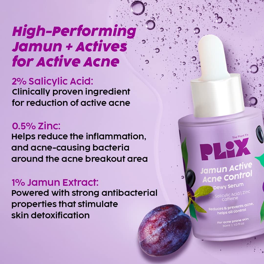 The Plant Fix Plix 2% Salicylic Acid Jamun Active Acne Control Dewy Serum 30 ml for Active Acne & Dark Spot Reduction with Caffeine for Breakout
