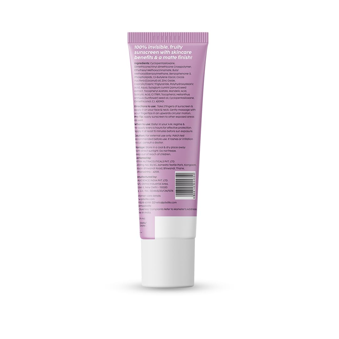 The Plant Fix Plix 0.1% Salicylic Acid Jamun Mattifying Lightweight Sunscreen Spf50+ Pa+++ | Uva, Uvb Shield | Acne Reduction & Hydration| For Women & Men, Suitable For All Skin Types| 50 G