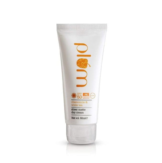 Plum Chamomile & White Tea Sheer Matte Day Cream SPF50 PA+++ | Lightweight Moisturizer | Broad Spectrum UVA/UVB Protection | For Normal to Combination Skin | 100% Vegan & Cruelty-Free | 60ml